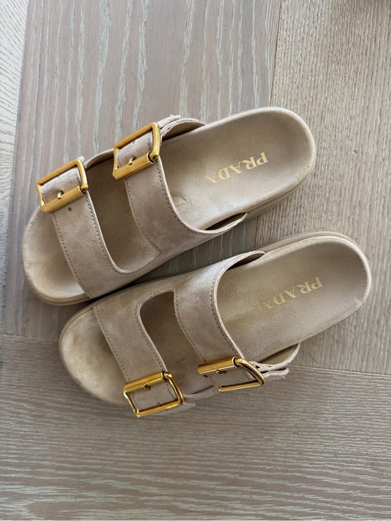 Prada Shoes - Prada Beige Suede Double-Buckle Slide Sandals with Gold Hardware